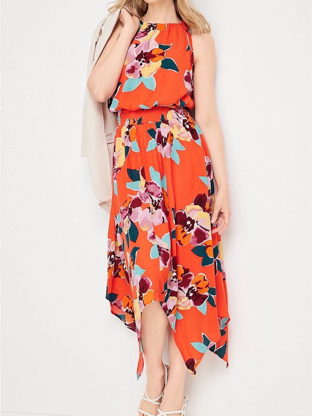 Floral Orange Halter Midi Dress